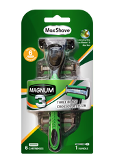 Max-shave Magnum 3 Man 3 Blade Cross-over Razor Plus 6 Refills Hybrid