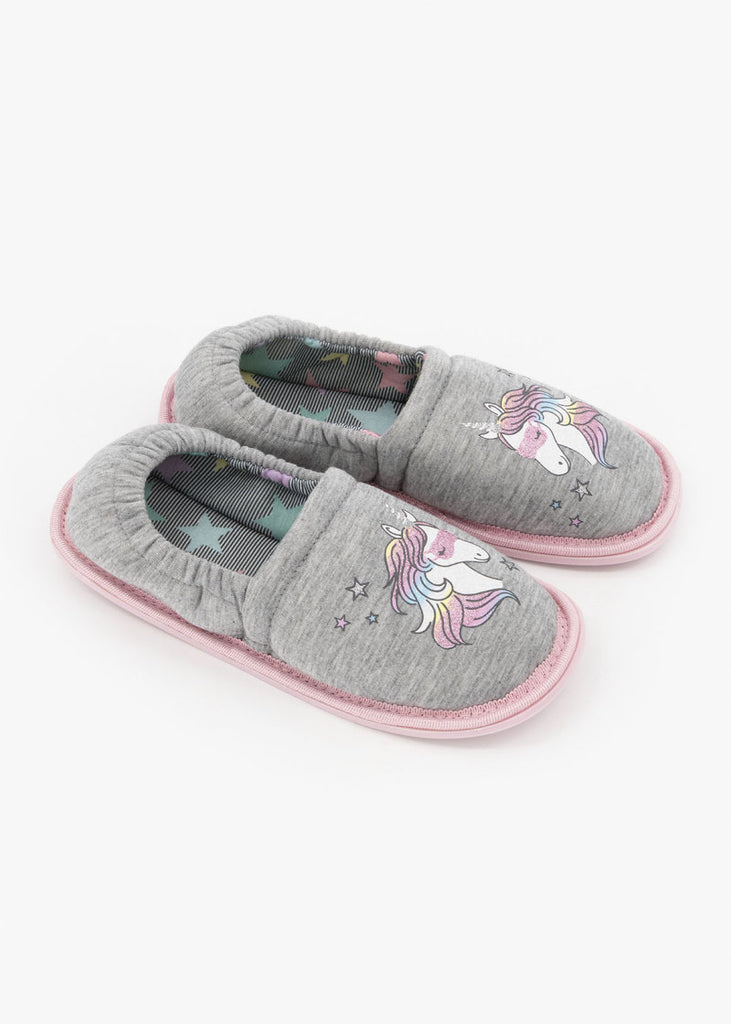 Unicorn Print Stokie Slippers Grey (Size 12-6) Older Girl