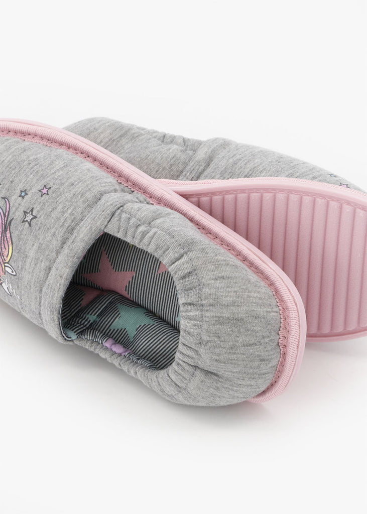 Unicorn Print Stokie Slippers Grey (Size 12-6) Older Girl