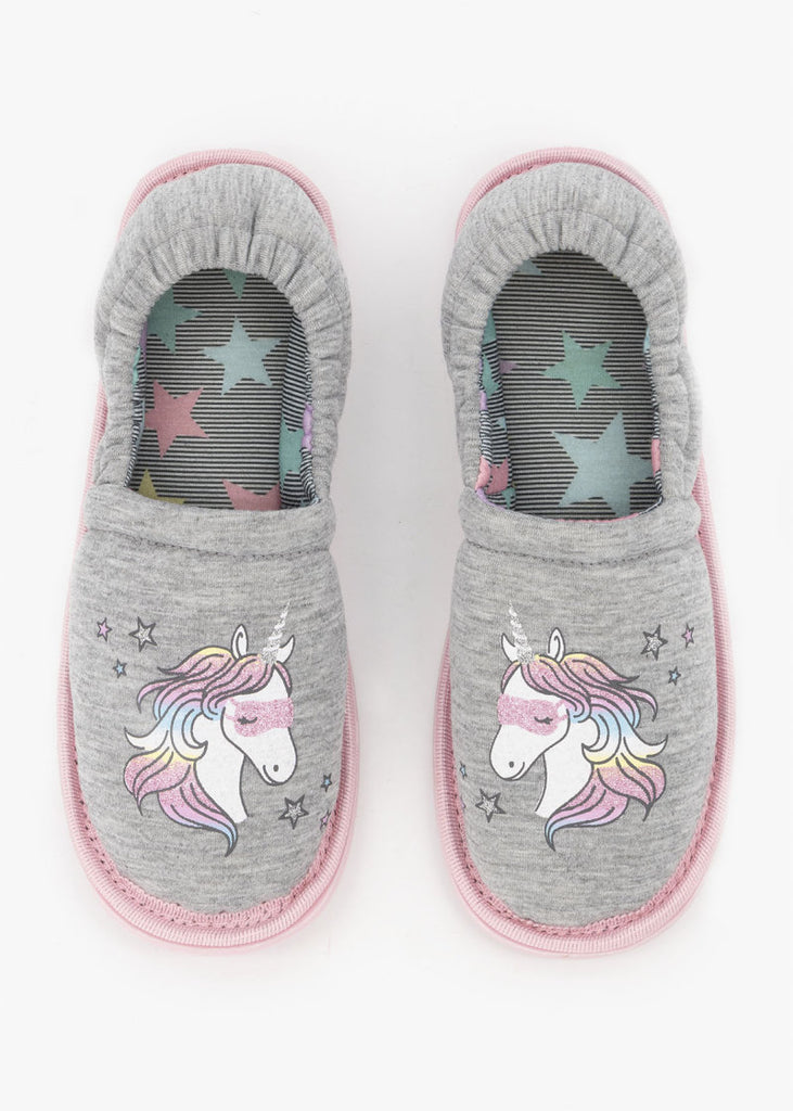 Unicorn Print Stokie Slippers Grey (Size 12-6) Older Girl